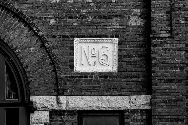 Black and white architectural detail photograph of Atlanta's historic Old Fire Station No. 6.