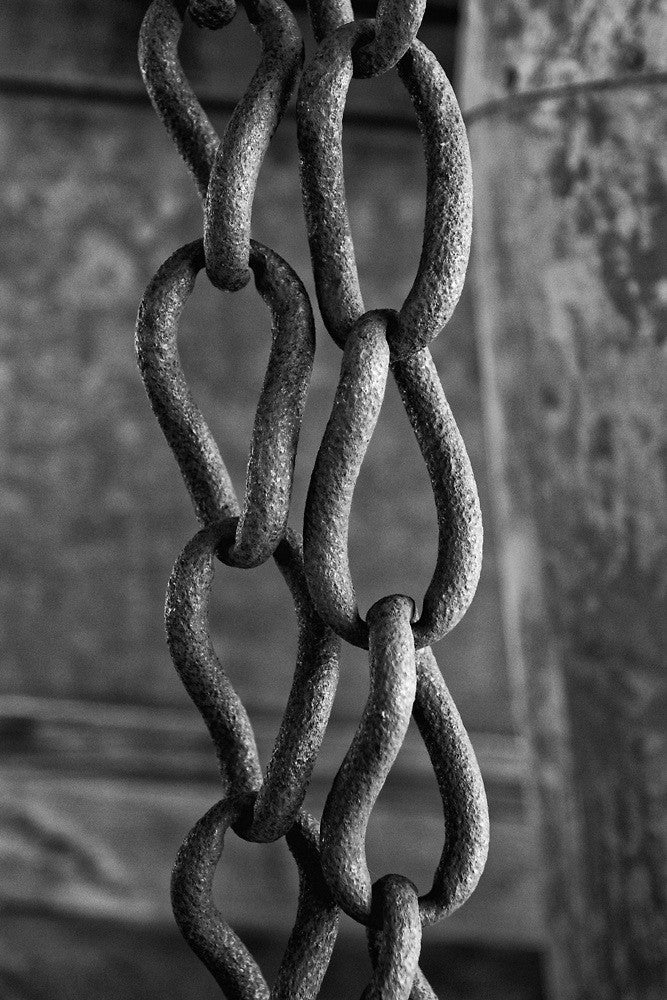 Black and white photograph of an antique chain with teardrop-shaped links.