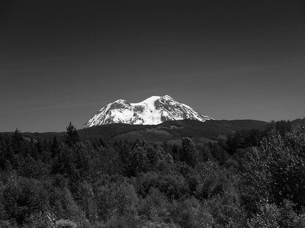 Black and white photograph of Mt. Rainier gleaming white against a deep blue Pacific Northwest sky.