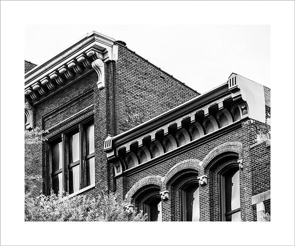 Black and white photograph of the beautiful, historic roofline on Nashville's 2nd Avenue.  This photograph can be seen in the Nashville Room, a private dining room at Nashville's amazing Prima Restaurant in the Gulch neighborhood. At 16" x 20," this is the exact size and finish as the print at Prima -- just add your own top mat and framing.  This photograph is also available in other sizes. Go to the main Nashville gallery.