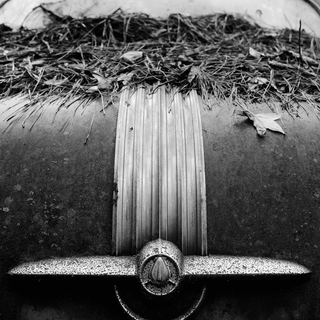 Ornament on Back of a Classic Car in a Junkyard - Black and White Photograph (Square Format) (555688_0005X)