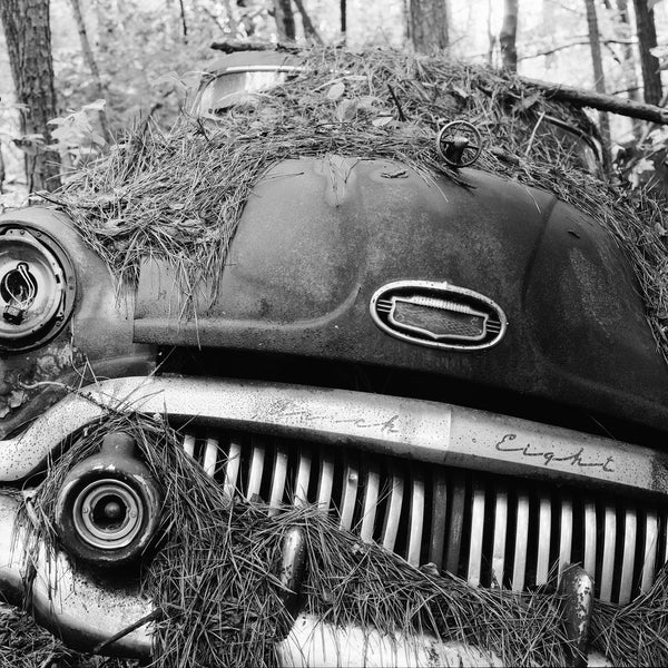Black and white photograph of a classic 1951 Buick Super Eight rusting away in a junkyard in the American South.  (Square format)