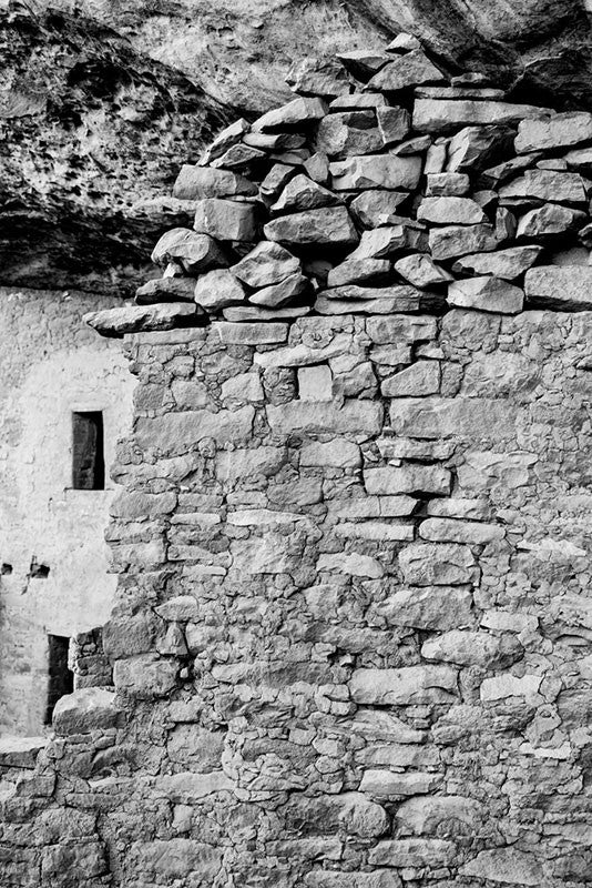 Black and white fine art photograph of the ancient walls at Mesa Verde, Colorado.