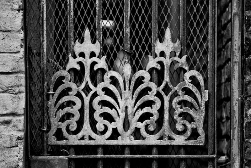 Black and white architectural detail photograph of unique fanciful metal decoration on a locked steel door in the French Quarter of New Orleans.