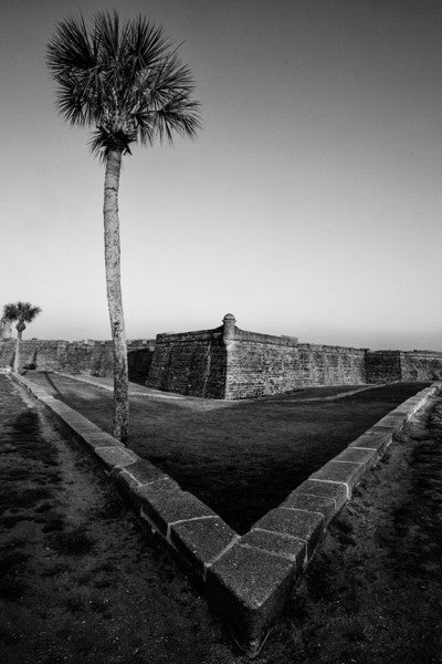 Black and white photograph of The Castillo de San Marcos, St. Augustine's historic Spanish fort built in the late 1600s on the shore of Matanzas Bay.