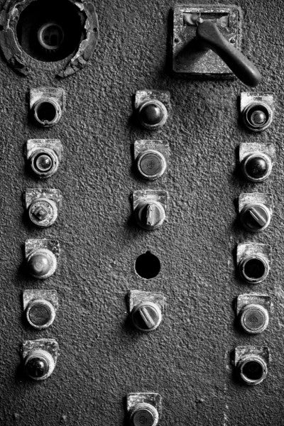 Black and white photograph of rusty old control panel at Sloss Furnaces in Birmingham, Alabama.