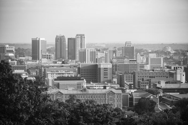 Black and white photograph of downtown Birmingham, Alabama.