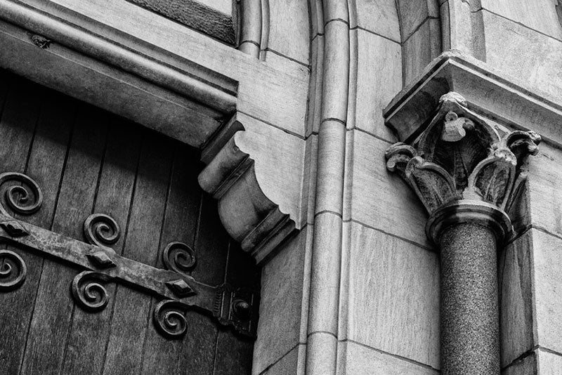 Black and white architectural photograph of the entrance of historic Christ Church on Broadway in Nashville, Tennessee.