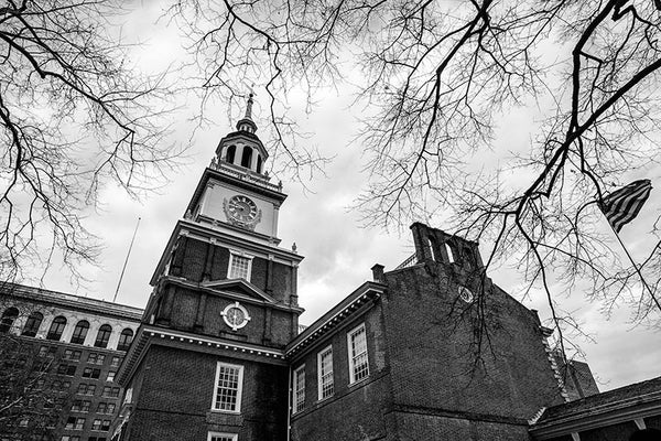 Black and white photograph of Independence Hall, one of the cradles of American Independence, photographed on a late autumn day in Philadelphia.