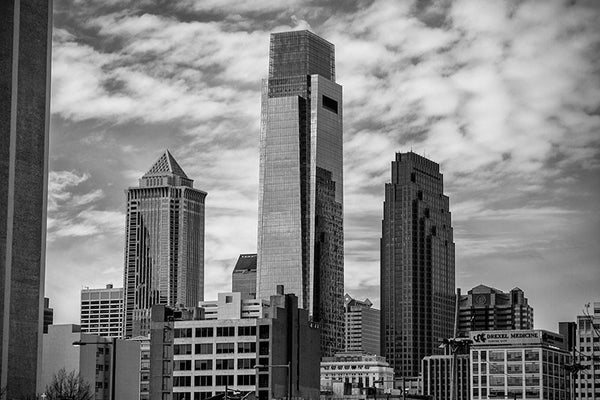 Black and white photograph of downtown Philadelphia skyscrapers.