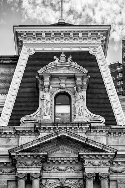 Black and white detail photograph of a window on the Old Philadelphia City Hall in downtown Philadelphia.