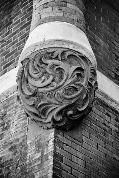 Black and white photograph of a decorative architectural detail on the historic Tulip Street Church in Nashville, Tennessee.