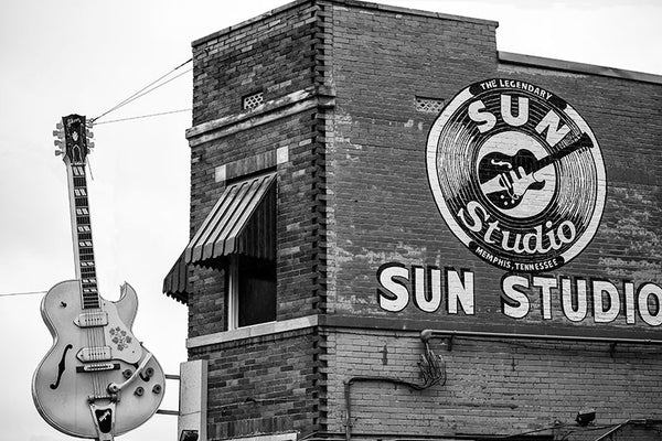 Black and white photograph of the world-famous Sun Studio in downtown Memphis. Sun is famous for discovering Elvis, but also recorded such seminal artists as Howlin' Wolf, Junior Parker, Little Milton, B.B. King, Johnny Cash, Carl Perkins, Roy Orbison, and Jerry Lee Lewis.