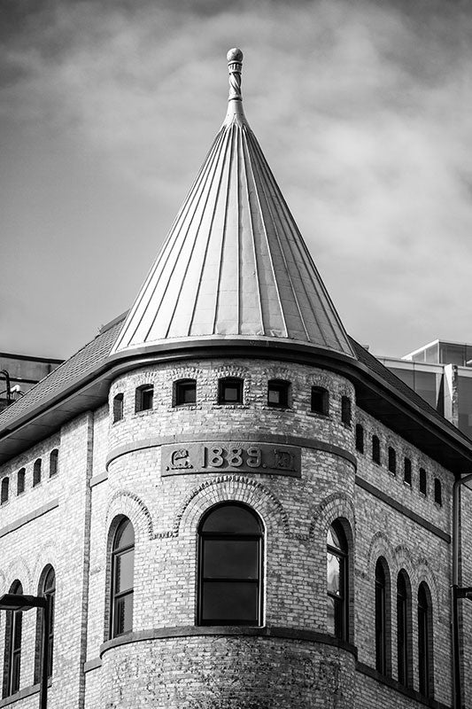 1889 Building - Downtown Madison (A0012016) black and white architectural photograph with cone roof