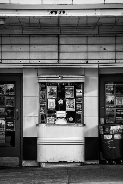 Black and white photograph of the box office of the Majestic Theater in downtown Madison, Wisconsin