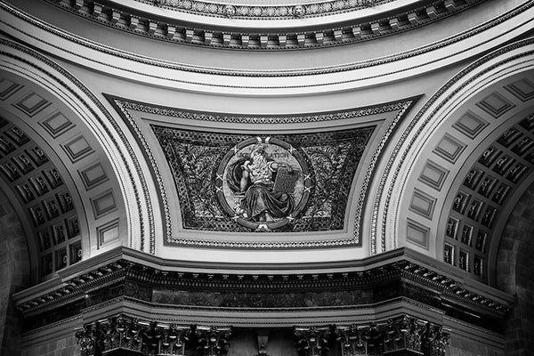 Black and white photograph of one of the beautiful mosaics inside the Wisconsin State Capitol Building downtown Madison, Wisconsin