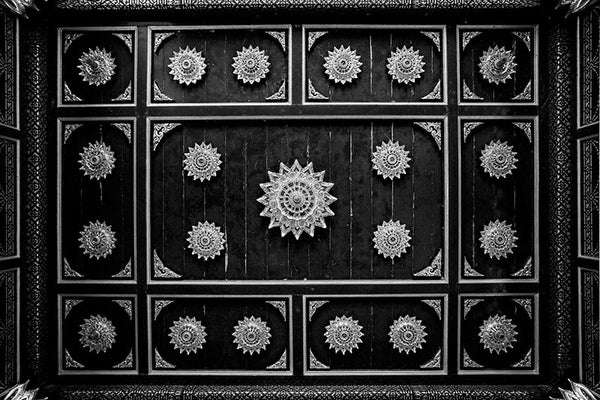 Black and white photograph of the ceiling motif inside the ornate red and gold Thai Pavilion, at Olbrich Botanical Garden in Madison, Wisconsin.