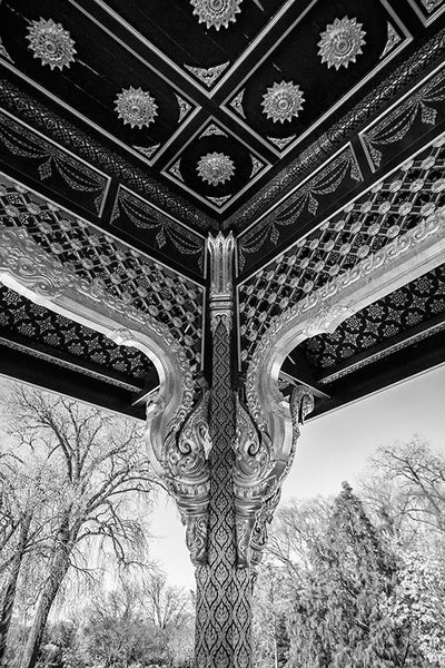 Black and white photograph of the Thai Pavilion, at Olbrich Botanical Garden in Madison, Wisconsin.