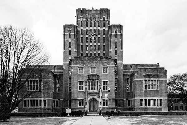 Black and white fine art photograph of the Erastus Milo Cravath Memorial Library on the Fisk University campus in Nashville, Tennessee.