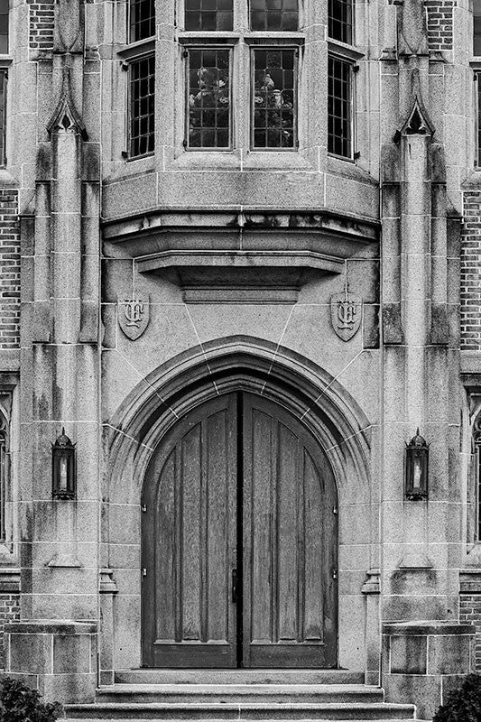 Black and white fine art photograph of the dramatic front doors to the Erastus Milo Cravath Memorial Library on the Fisk University campus in Nashville, Tennessee. 