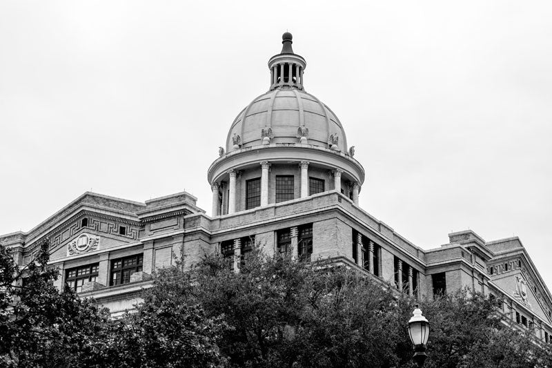 Black and white photograph of the Harris County Courthouse in downtown Houston. 