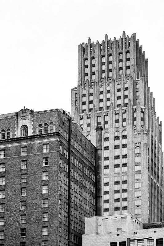 Black and white photograph of the old Gulf Building, now called the JPMorgan Chase Building, built 1929 in downtown Houston.