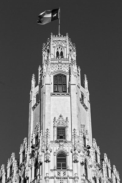 Black and white fine art architectural photograph of The Emily Morgan Hotel in San Antonio, Texas. Built in 1924, originally to serve as a hospital, the iconic Gothic Revival building is now a hotel named after a heroine of Texas history, Emily Morgan (also known as Emily D. West), who was also the inspiration for the song "The Yellow Rose of Texas."