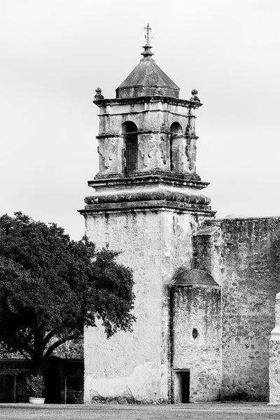Black and white fine art photograph of the bell tower at the old Spanish Mission San Jose in San Antonio.