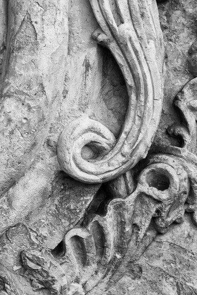 Black and white fine art detail photograph of a section of carved stonework around the famous Rose Window outside the church sacristy of Mission San Jose in San Antonio.