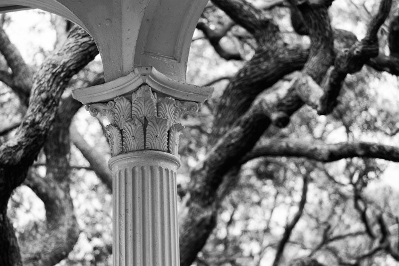 Black and white photograph of one of the ornate columns of the gazebo in White Point Park (the Battery) in Charleston, South Carolina.