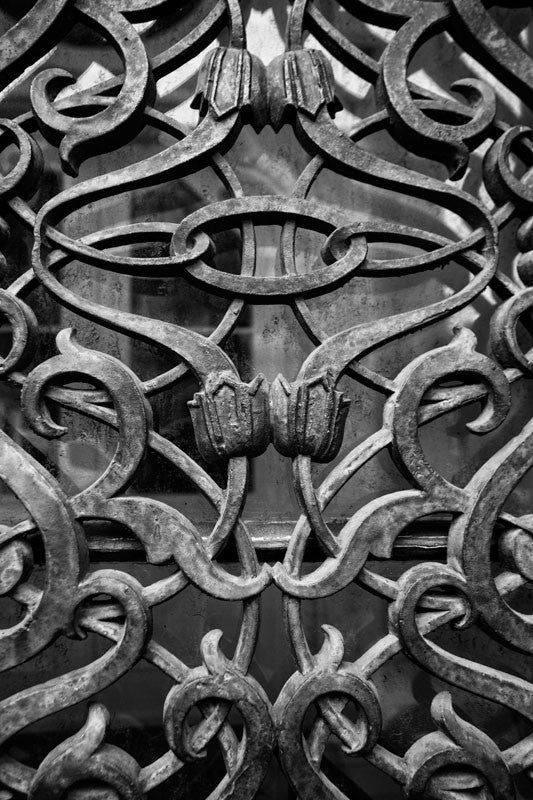 Black and white photograph of the fancy antique iron work on the exterior door and window glass at the old Farmers and Exchange Bank, built in 1853.