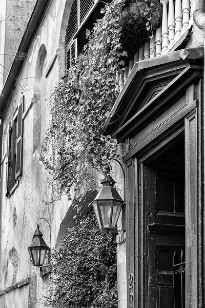 Black and white architectural photograph of a romantically beautiful old building on State Street in Charleston, with working gas lamps and ivy flowing from the second floor balcony.