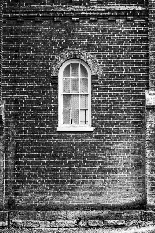 Black and white photograph of an old red brick wall covered in moss, with a broken window.