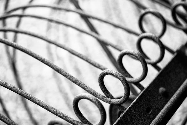 Black and white abstract photograph of looped and curved spines on the rear of a rusty antique piece of farm equipment.