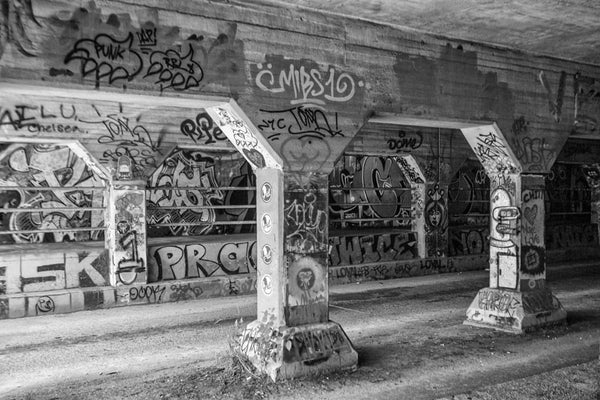 Black and white photograph of the infamous Krog Street Tunnel in the Cabbagetown neighborhood of Atlanta.