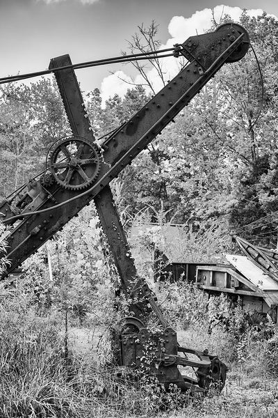 Black and white photograph of an abandoned antique steam shovel rusting among tall weeds and grass in a rural field.