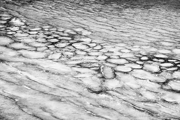 Black and white landscape photograph of the abstract patterns made by broken pond ice.
