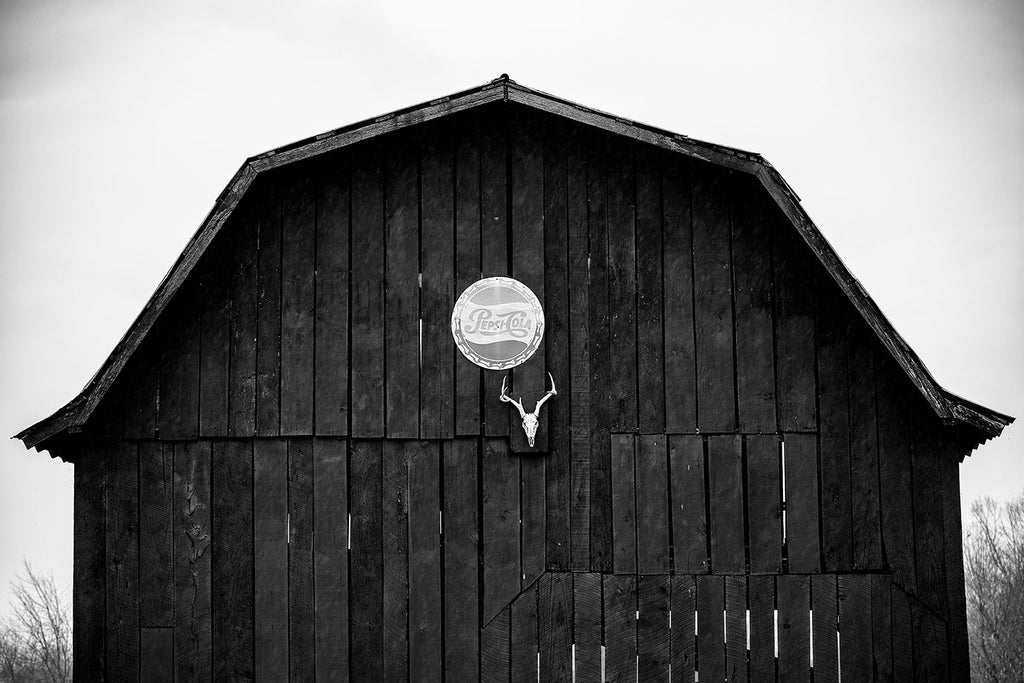 Black and white photograph of a black barn with a deer skull and vintage Pepsi sign nailed over the doors