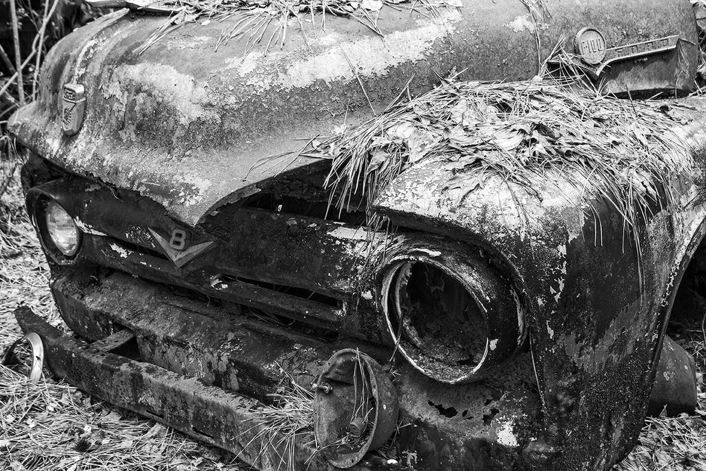 Black and white photograph of a classic antique pickup truck with only one head lamp rusting away in the woods and covered with pine straw.