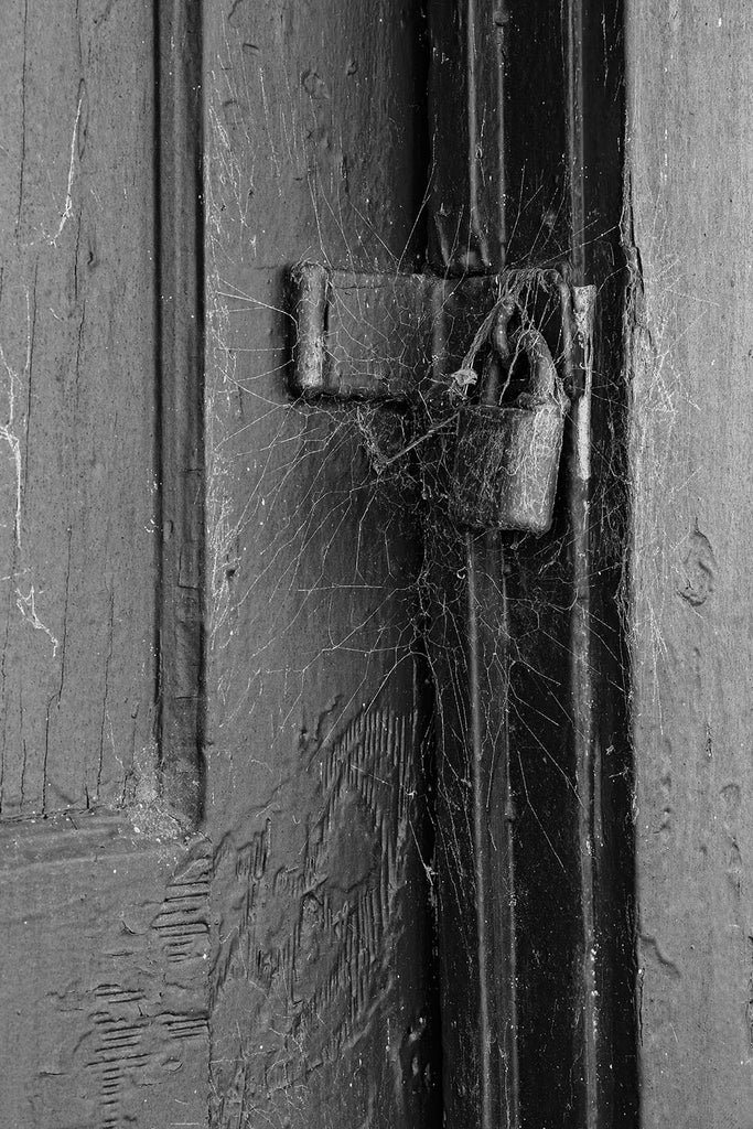 Black and white photograph of an old door painted vivid red, padlocked shut with a beautiful layer of cobwebs around the lock.