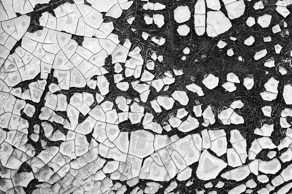 Black and white industrial abstract photograph of chipped and peeling paint on the rusty metal exterior of an abandoned vintage railroad dining car.