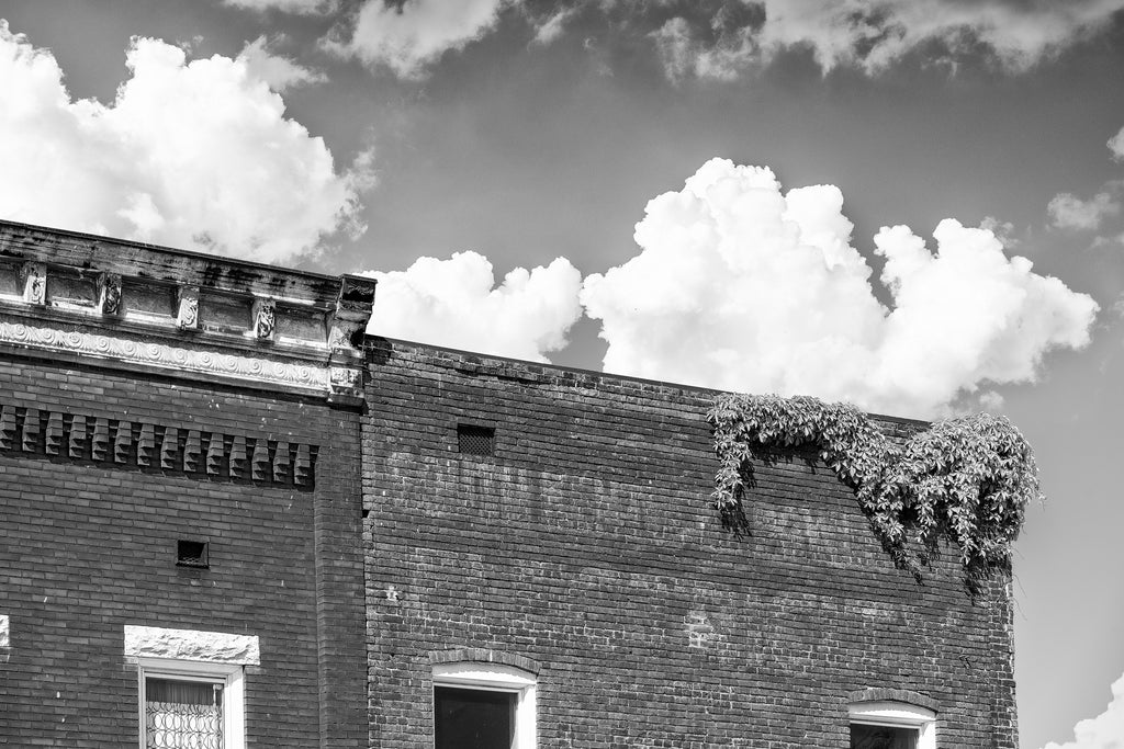 Black and white photograph of an old utility office building with a faded sign on front that says "Southern Power and Electricity," with ivy growing along its roofline.