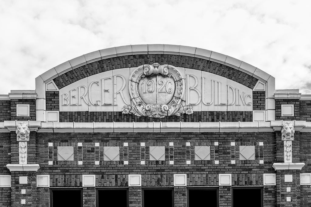 Black and white photograph of architectural details on the front of the Berger Building in Nashville, dated 1926. 