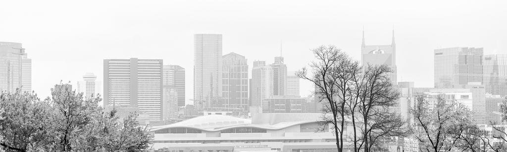 Black and white panorama photograph of downtown Nashville, photographed on a cold, misty morning.