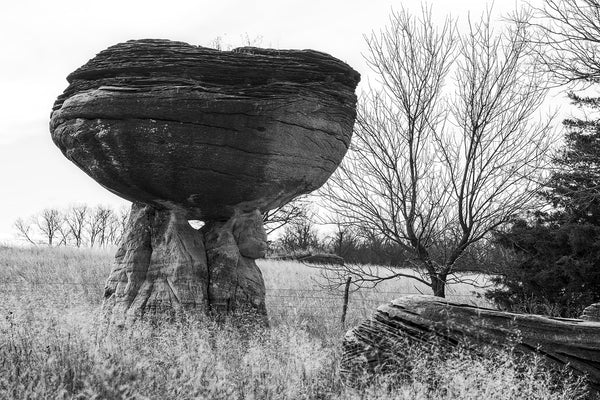 Black and white fine art photograph of a mushroom rock formation among other unusual rocks in the American prairie landscape.