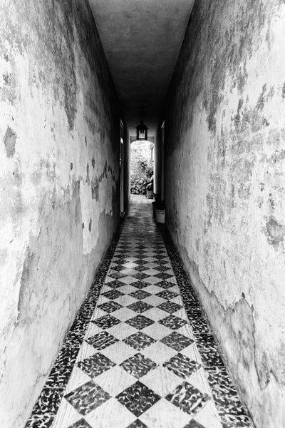 Black and white photograph of a passage way that leads to a private courtyard in the beautiful French Quarter section of Charleston, South Carolina. 