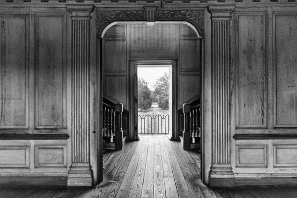 Black and white photograph of the interior of Drayton Hall, with the rear doors open, revealing a view of the nearby Ashley River. Drayton Hall was built about 1740, and was held in the same family for most of its existence, having had very little work done. That means visitors see original woodwork, mostly original plaster ceilings, and even the peeling wall paint is very old.