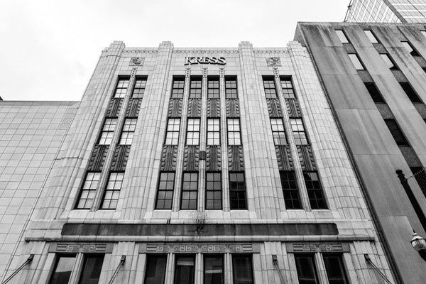Black and white photograph of the historic downtown Kress building, an Art Deco retail store built in 1935. Part of the S.H. Kress five-and-ten-cent store chain, the Nashville location was a target of a customer boycott over its segregationist practices in the 1960s, leading to integration within the store well before the other pats of the country.