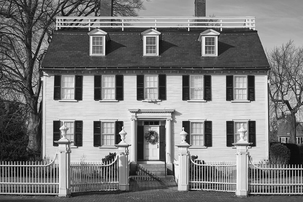 Black and white photograph of the Ropes Mansion, built for merchant Samuel Bernard in Salem, Massachusetts in the 1720s. The house is best known as Allison's house in the Disney Halloween movie "Hocus Pocus"