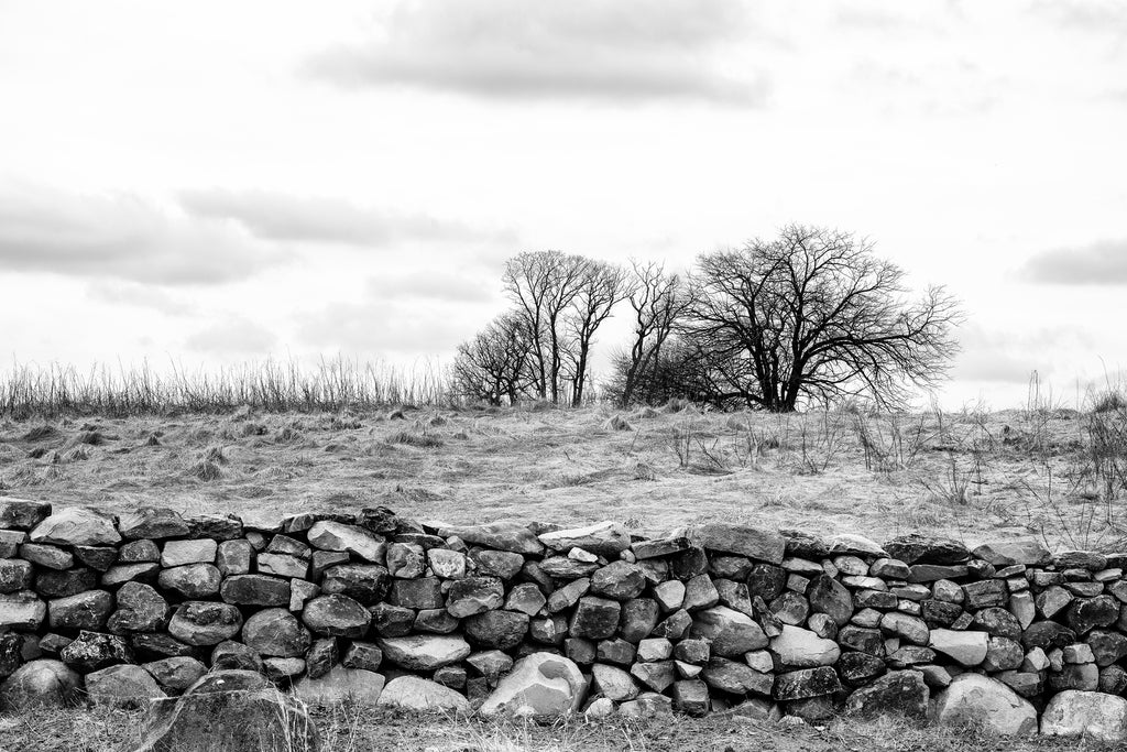 Black and white landscape photograph of an old dry-built stone wall on the Pennsylvania landscape in early winter.